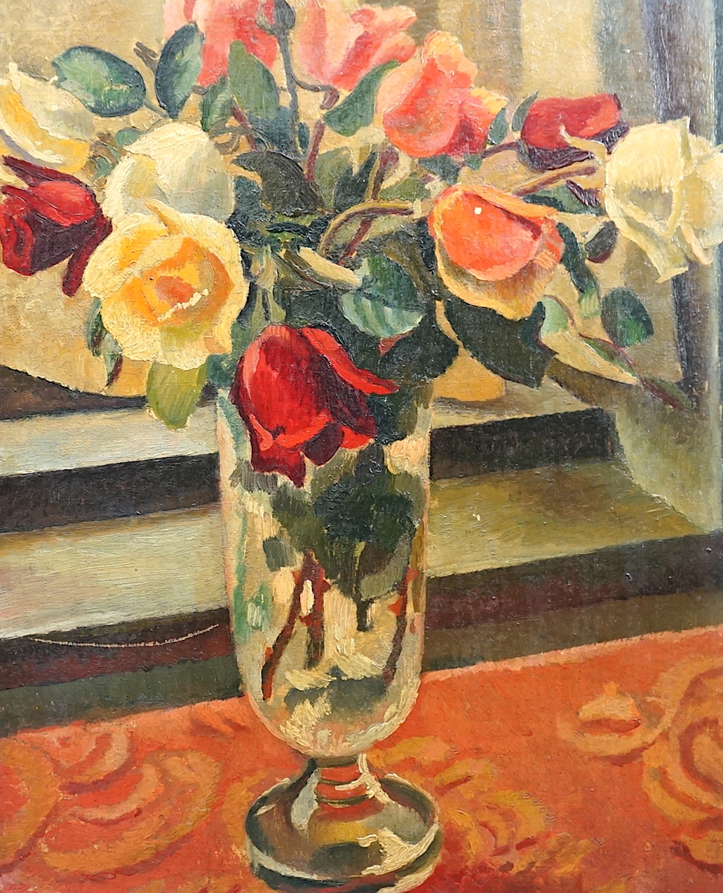 Adrian Paul Allinson ROI (English, 1890-1959), Roses in a glass vase, oil on board, 40 x 32cm